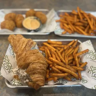 Chicken salad sandwhich, Mac n cheese bites and sweet potato fries