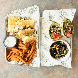 California Cob quesadilla with sweet potato fries on the side.  Shrooma wrap with a black bean salad on the side.