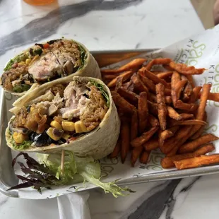 Miami wrap grilled tuna, cooked, medium rare.. crispy, delicious sweet potato fries.
