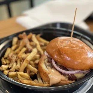 a burger and fries