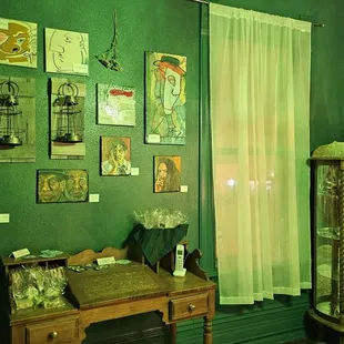 Art is for sale in the gallery space upstairs.