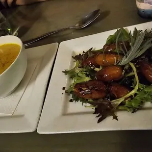 Stuffed dates and carrot curry soup. Rich and decadent
