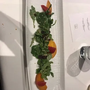 Pickled Fruits Salad; Arugulan with Honey-Thyme Vinaigrette, Black Currant,Strawberry, Peaches, and Cracked Bulgar