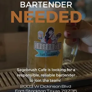 Sagebrush Cafe &amp; Gifts is looking for a responsible and reliable bartender, contact us for more info or stop by!