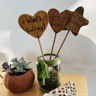 a vase of succulents and a sign that says what's puzzling?