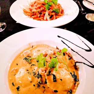 Lobster Ravioli: stuffed with lobster and ricotta, and finished in lemon, garlic, white wine, dill and cream sauce ($21).