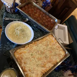 Meatballs, Ziti, Linguine Alfredo , Antipasto and salad ! Delicious