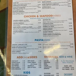 Entree and sides menu