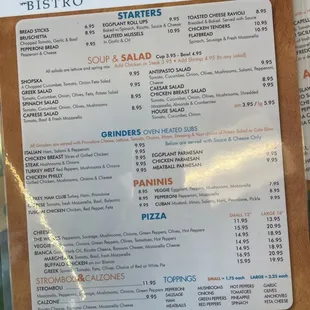 Appetizers, salad and pizza menu