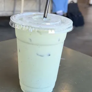 Iced matcha latte w/ honey and vanilla.