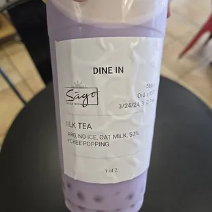Taro milk tea with oatmilk and lychee popping bobba
