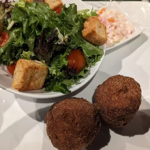 Crab "cake" platter with a side salad (swap for fries). Not worth $32 for a side salad with two crab balls.