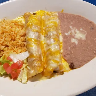 2 beef enchilada,  rice and beans