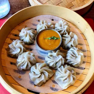 Chicken Momo) juicy momo and nutty sauce