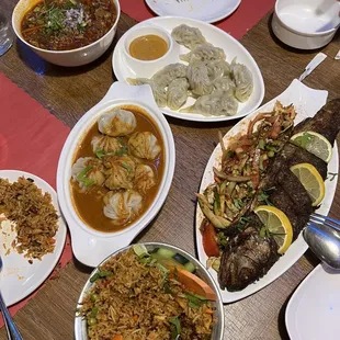 Mutton Chau Chau, steamed momo, jhol momo, whole fried fish