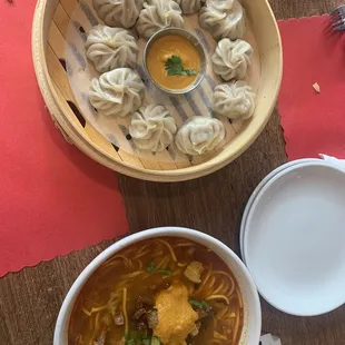 Chicken momo (dumplings) and thukpa noodles