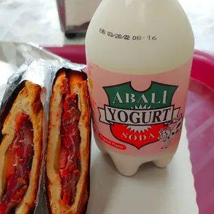 Basturma sandwich and a yogurt soda.