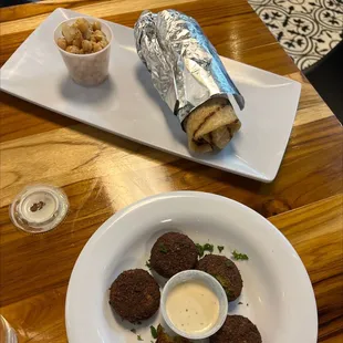 Gluten free chicken shawarma wrap (yes this wrap is GF) with falafel sampler.