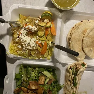 Falafel Sandwich Red Lentil Soup Green Salad Sauteed Vegetable Platter