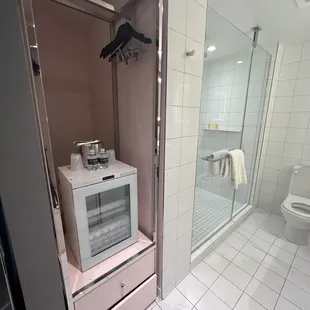 Mini fridge and closet.