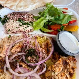 31. Chicken Shawarma Over Rice Plate with Humus and Bread