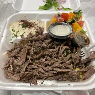 Lamb and Beef Shawarma Over Rice Plate