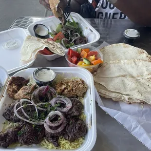 #45. Three Kebabs - Chicken, Beef and Kufta-Lamb Kebab Over Rice Plate with extra beef kabab and Greek salad