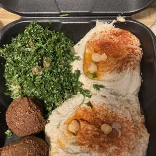 tabouli, hummus, baba ghanouj, falafel