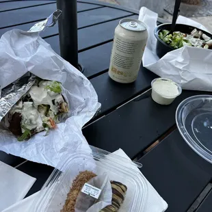 Greek Gyro Sandwich and Greek Gyros Bowl and probiotic soda and desert