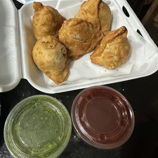 Comes with a red and green sauce.