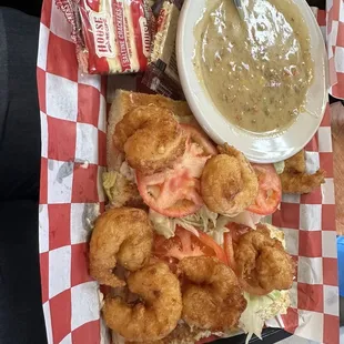Shrimp PoBoy and corn chowder
