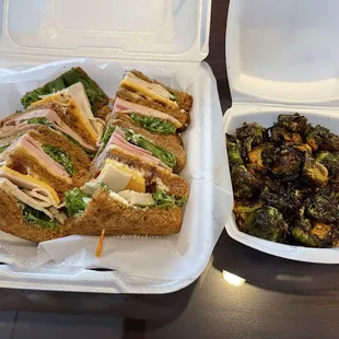 Triple decker club and hot honey Brussel sprouts