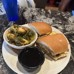French Dip with hot honey Brussels sprouts