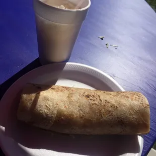 Bean and cheese burrito with pecan horchata from the carne asada truck