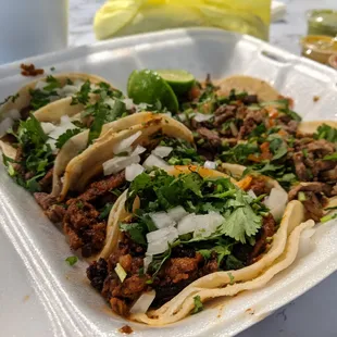 Assortment of tacos! Pastor, carne asada, and cabeza