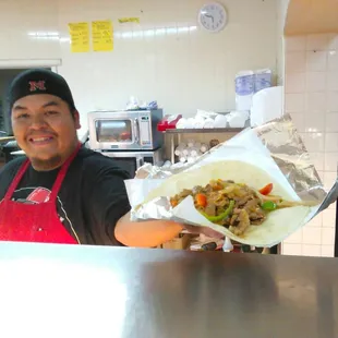 Javier holding our burrito
