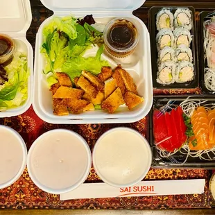 Takeout: dinner combo w pork katsu &amp; CA roll. Yellowtail belly, &amp; sashimi dinner. Soup &amp; salad comes w dinner. 01.21.23