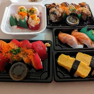 (From top to bottom starting from the right) Dragon Roll, Salmon Belly, Tamagoyaki, Stuffed Tomato, Oh Yes Roll