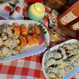 Crunchy shrimp roll, California roll, Yorba Linda roll, tuna roll, lion king roll.