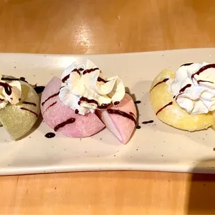 Mochi ice cream dessert (green tea, strawberry, mango)