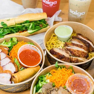 Pork belly rice bowl Grilled pork rice bowl Vietnamese coffee Strawberry lemonade