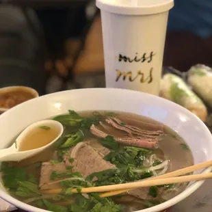 Pho with rare steak, well done flank, and brisket, number 8.