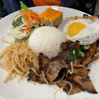 34. Broken Rice with Shredded Pork, BBQ Pork, Fried Shrimp Cake and Pork Loaf