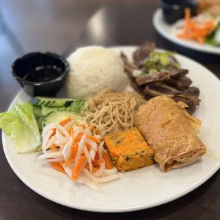 36. Broken Rice with Shredded Pork, BBQ Beef, Fried Shrimp Cake and Pork Loaf