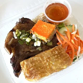 37. Broken Rice with Shredded Pork, BBQ Pork Chop, Fried Shrimp Cake and Pork Loaf