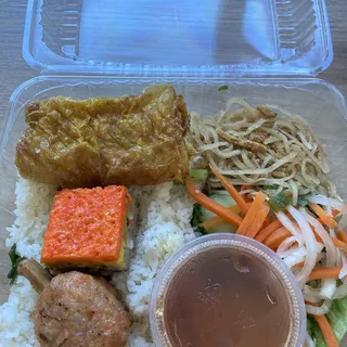 40. Broken Rice with Shredded Pork, BBQ Shrimp on Sugarcane, Fried Shrimp Cake and Pork Loaf