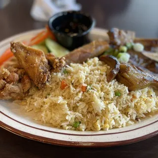 42. Fried Rice with Fried Egg Roll, Fried Chicken Wing and BBQ Pork Chop