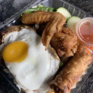 43. Fried Rice with Fried Egg Roll, Fried Chicken Wing and BBQ Beef Rib