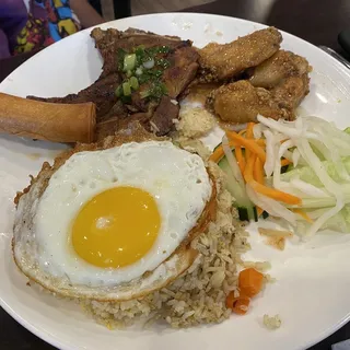 44. Fried Rice with Fried Egg Roll, Fried Chicken Wing, BBQ Pork Chop and Fried Egg