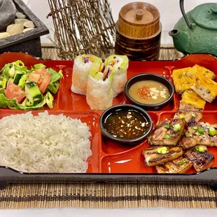 Saigon Bento Deluxe (Grilled Pork Belly, Egg Meatloaf, Spring Roll)